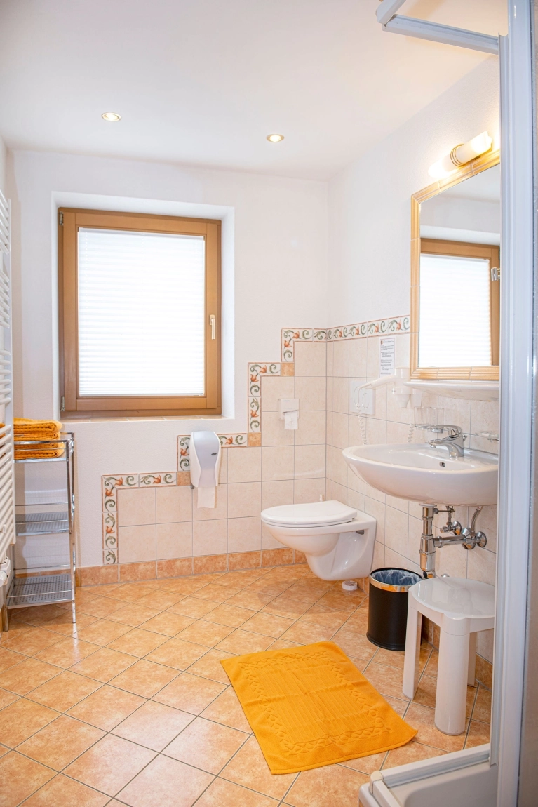 Helles Bad mit Fenster, WC, Waschbecken, Dusche, Haltegriff und gelber Matte auf orangefarbenem Fliesenboden.