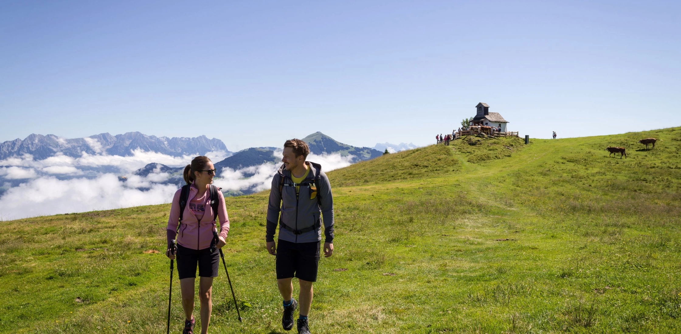 Zwei Wanderer gehen gemeinsam auf einer grünen Wiese in den Bergen. Der Himmel ist klar, und die Aussicht zeigt verschneite Gipfel.